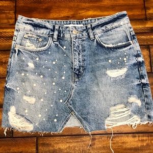 Zara Embellished Distressed Denim Skirt M